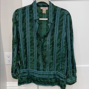 Vintage Byblos Dark Green & Teal Striped Button-Down Blouse